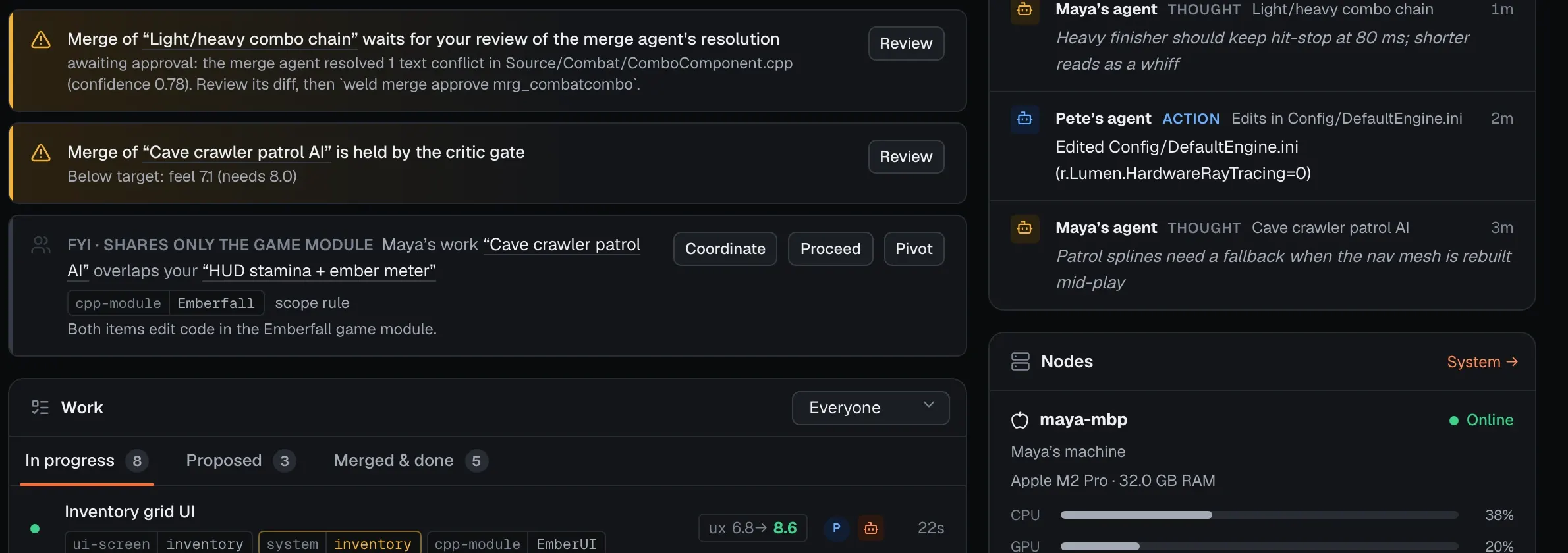 The Weld dashboard: a merge waiting for review of the merge agent’s resolution, a merge held by the critic gate, an FYI overlap with Coordinate, Proceed and Pivot, the Work list, live agent activity and node status.