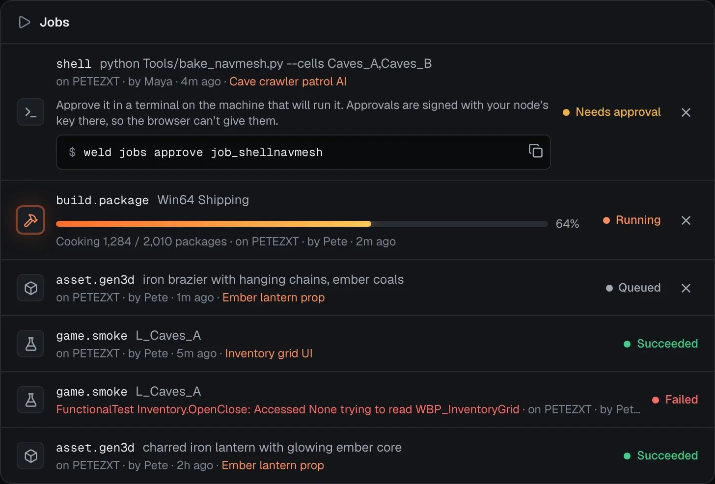 The jobs list: a shell job waiting for its node owner’s approval, a Win64 Shipping package at 64 percent, a queued 3D generation and passed and failed smoke tests.