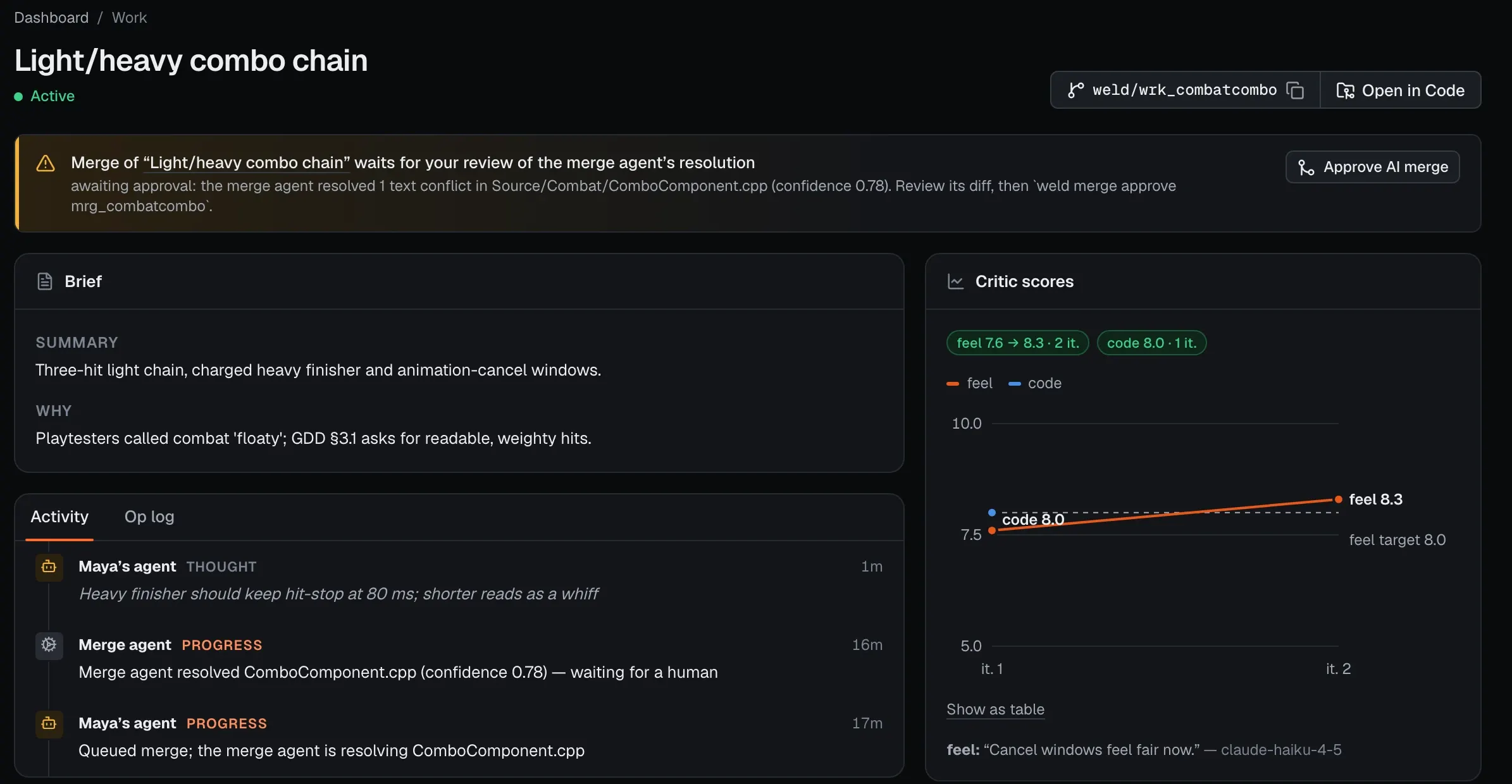 A Work item page: the merge agent resolved a text conflict in ComboComponent.cpp with confidence 0.78 and waits for approval, next to critic scores and activity.